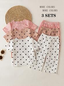 SHEIN 6件套女婴夏季时尚休闲套装，粉色、卡其色、白色印花爱心图案，搭配罗纹短袖T恤3件和同色系裤子3条，共3套，适合日常和上学穿着。 - 粉色 - 查看 2