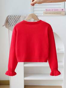 SHEIN Playful Pals Girls Handmade Bow Knitted Sweater Cardigan, Autumn/Winter - Red - View 3