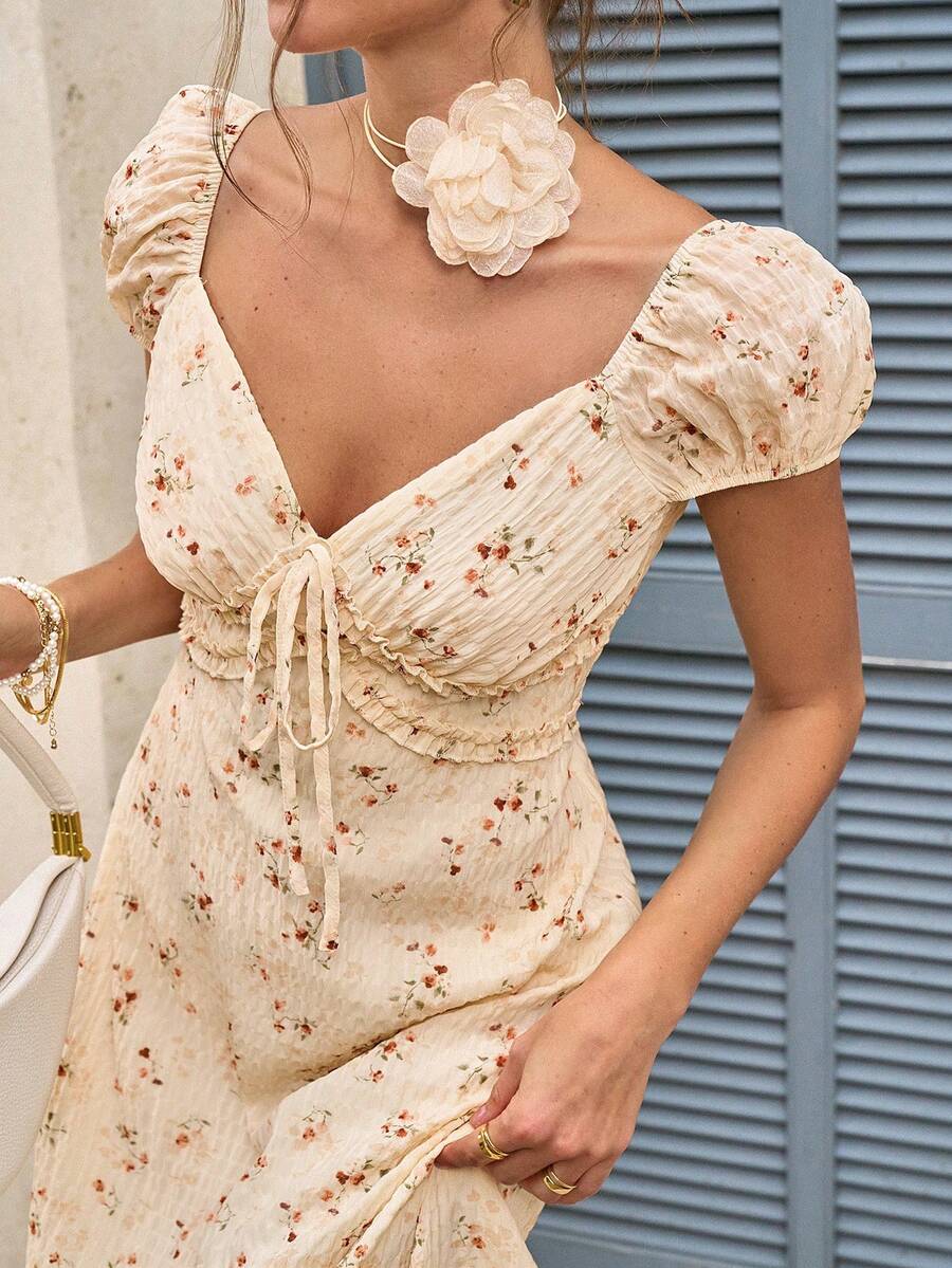 Sundraya Women's New French Style Tie-Up Ditsy Floral Romantic Ruffle V-Neck Short Sleeve Maxi Dress - Light Yellow - View 1