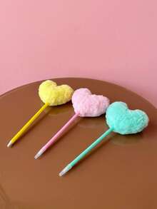 Joivida Cute Fluffy Heart-Shaped Pen With A Pom-Pom Top, A Compact Tool For Journaling And Writing, An Aesthetic Ballpoint Pen Perfect For Creative Note-Taking, An Adorable Desk Stationery Choice, And A Thoughtful Gift Option(Random Color) - Multicolor - View 2
