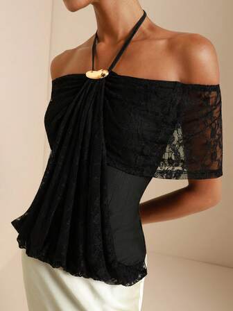 SHEIN Veneréa Women's Lace Patchwork Metal Decor Off Shoulder Halter Top