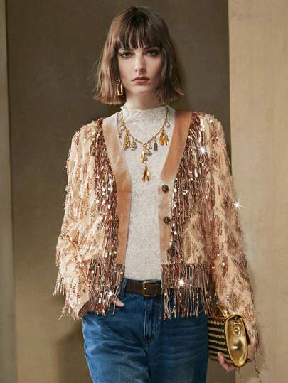 Arave Women's Mesh Sequined And Beaded Fabric, Exquisite And Elegant Deep V-Neck Short Jacket With Tassel Design, Perfect For A Modern Party Blouses For Women Party New Year's For Women New Year Party Valentine's Day Women's Winter Jacket New Year