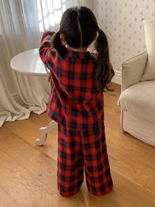 DAZY 女童格子长袖单排扣上衣和裤子睡衣套装 - 紅色 - 查看 2