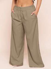 SHEIN BAE Quần dài nữ thời trang thu đông cỡ lớn, quần dài đơn giản, thanh lịch, hẹn hò, màu trơn, thường ngày, quần dài đen, quần dài nữ, quần dài giáo viên, trang phục công sở nữ, trang phục mùa thu nữ, thiết kế cạp chun hai lớp, ống rộng - Màu Khaki - Xem 3