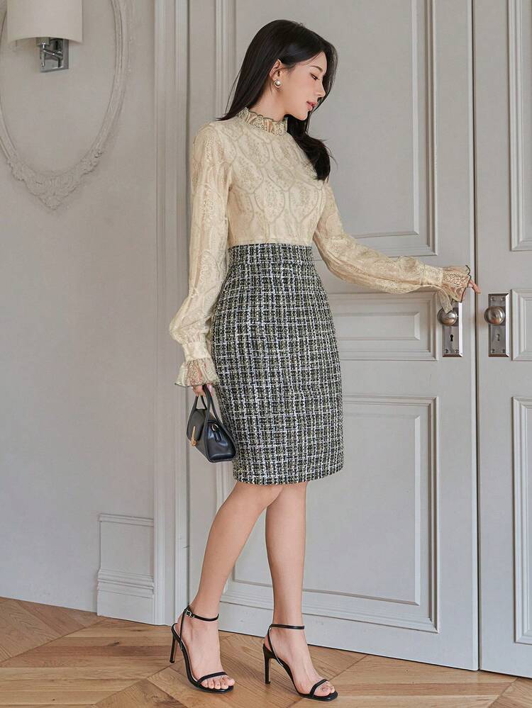 Women's Elegant Fitted Long Sleeve Stand Collar Flare Sleeve Dress Sundress