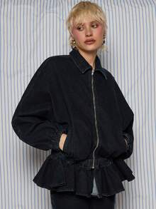 COUREZ Frill Hem Denim Track Jacket /Y2K Spring For Women Cute Going Out Black Jackets For Women Summer Jackets - Black - View 6