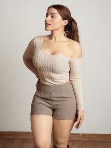 Lupita Cardoza 女士不对称领口罗纹休闲长袖 Y2K 杏色罗纹拉绒面料露肩露肩紧身衣秋季 - 杏色 - 查看 4