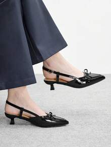 CUCCOO BIZCHIC 1 par de zapatos tipo mula de punta afilada con hebilla de material perlado y diseño de lazo en la correa trasera, adecuados para fiestas, uso diario y fotografía - Negro - Ver 1