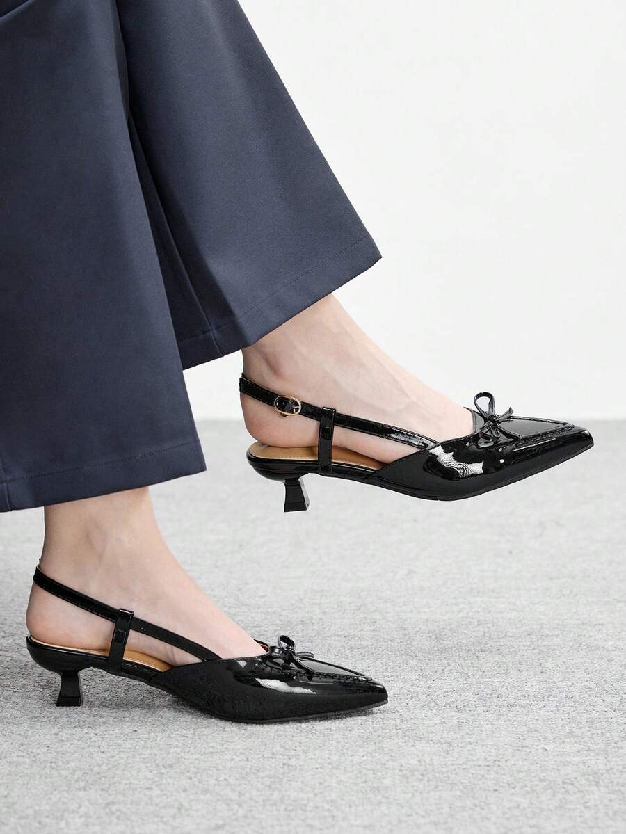 CUCCOO BIZCHIC 1 par de zapatos tipo mula de punta afilada con hebilla de material perlado y diseño de lazo en la correa trasera, adecuados para fiestas, uso diario y fotografía - Negro - Ver 1