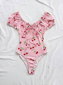 Soleia Body à volants avec imprimé cerises et carreaux, à nouer devant pour femmes en vacances - Multicolore - Voir 4