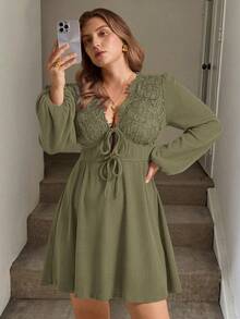 Elegantrix Đầm dự tiệc phối ren cỡ lớn dành cho nữ, thích hợp cho mùa Thu/Đông. - Màu xanh Ô liu - Xem 5