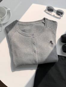 SHEIN EZwear Women's Embroidered Button Front Casual Long Sleeve Cardigan - Grey - View 4