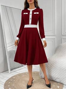 EMERY ROSE Đầm midi dài tay tối giản phối màu tương phản dành cho nữ - Màu Đỏ Sâu - Xem 6