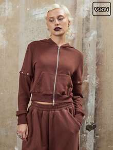 COUREZ Shrunken Fit Zip Up Hoodie With Removeable Sleeves /Y2K  Clothes For Women Spring Clothes For Women Casual Loungewear Streetwear Cute Brown - Mocha Brown - View 1