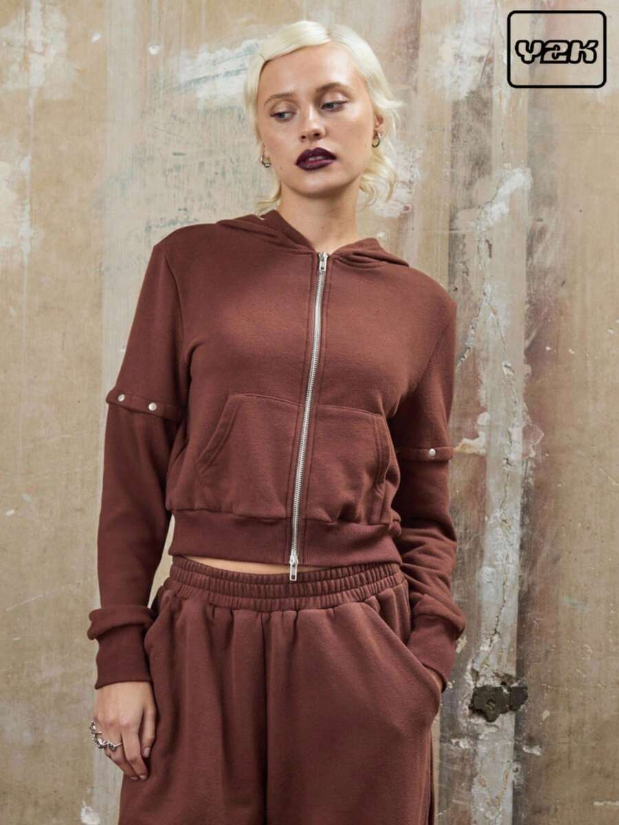COUREZ Shrunken Fit Zip Up Hoodie With Removeable Sleeves /Y2K Clothes For Women Spring Clothes For Women Casual Loungewear Streetwear Cute Brown - Mocha Brown - View 1