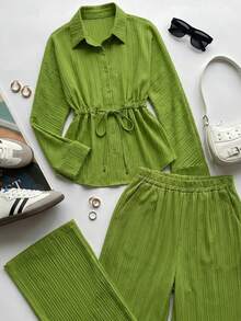 EMERY ROSE Set de 2 piezas: Camisa con botones ocultos, cintura con lazo y puños acampanados + Pantalones de pierna ancha con cintura elástica - Verde - Ver 1