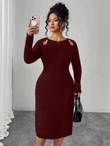 Elenzga Plus Size Women Hollow Out Solid Color Crew Neck Sweater Dress - Red - View 3