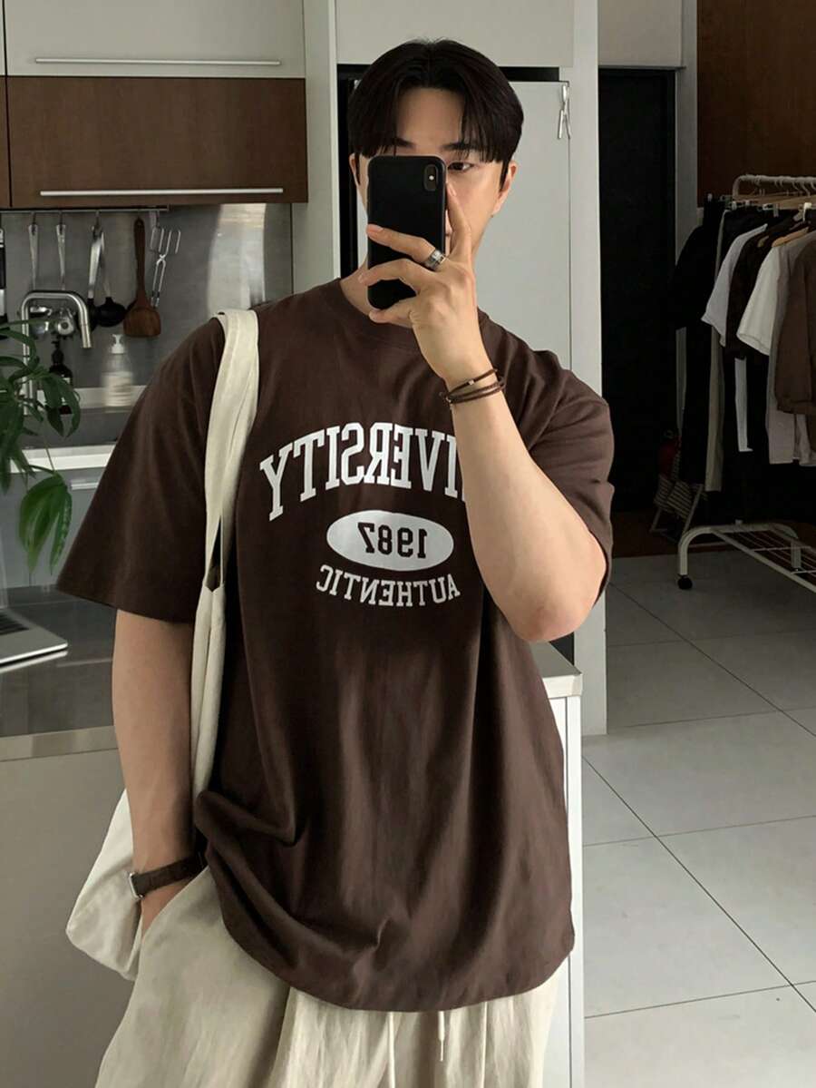 DAZY Áo thun nam màu nâu cổ tròn in chữ, thích hợp mặc mùa hè. - màu nâu - Xem 1