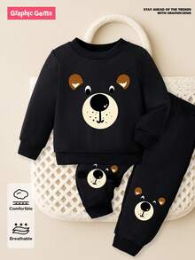 SHEIN Baby Boy Crew Neck Long Sleeve Printed Casual Top And Trousers Set