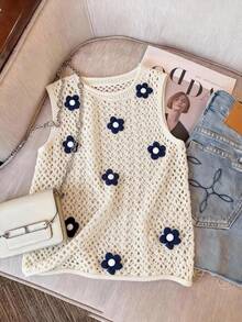 GlowEve Casual Versatile Hollow Out 3D Embroidery Women Sweater Vest - Beige - View 1