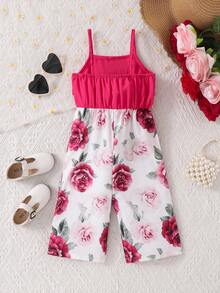 SHEIN Baby Girl Floral Print Sleeveless Jumpsuit, Summer - Hot Pink - View 2
