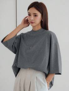 DAZY Áo thun ngắn tay màu xám dáng rộng, phong cách công sở thường ngày, thời trang dành cho nữ, thích hợp cho mùa xuân/hè. - Màu xám đen - Xem 6