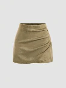 Sweetra Women's Fashionable Vintage Pleated Suede Casual Shorts, Versatile For Daily Commute And Outings, Autumn/Winter