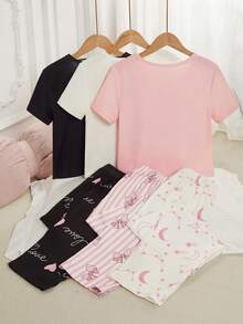 6pcs Girls Casual Pajama Set With Heart, Bow, Star & Eyelash Print, Pink Series - Multicolor - View 2