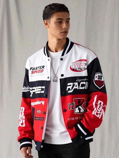 SHEIN Teen Boys' Colorblock Racing Elements & Letter Print Casual Moto Jacket, Soft Fabric, Versatile For School, Commute, Outdoors, Suitable For Autumn/Winter Racing Jacket Graphic Jacket Teen Boys Jackets Boys Racing Jacket Bomber Jacket Boys Teen Boys Racing Jacket Letterman Jacket Jackets For Teen Boys Varsity Jacket Fall Autumn And Winter