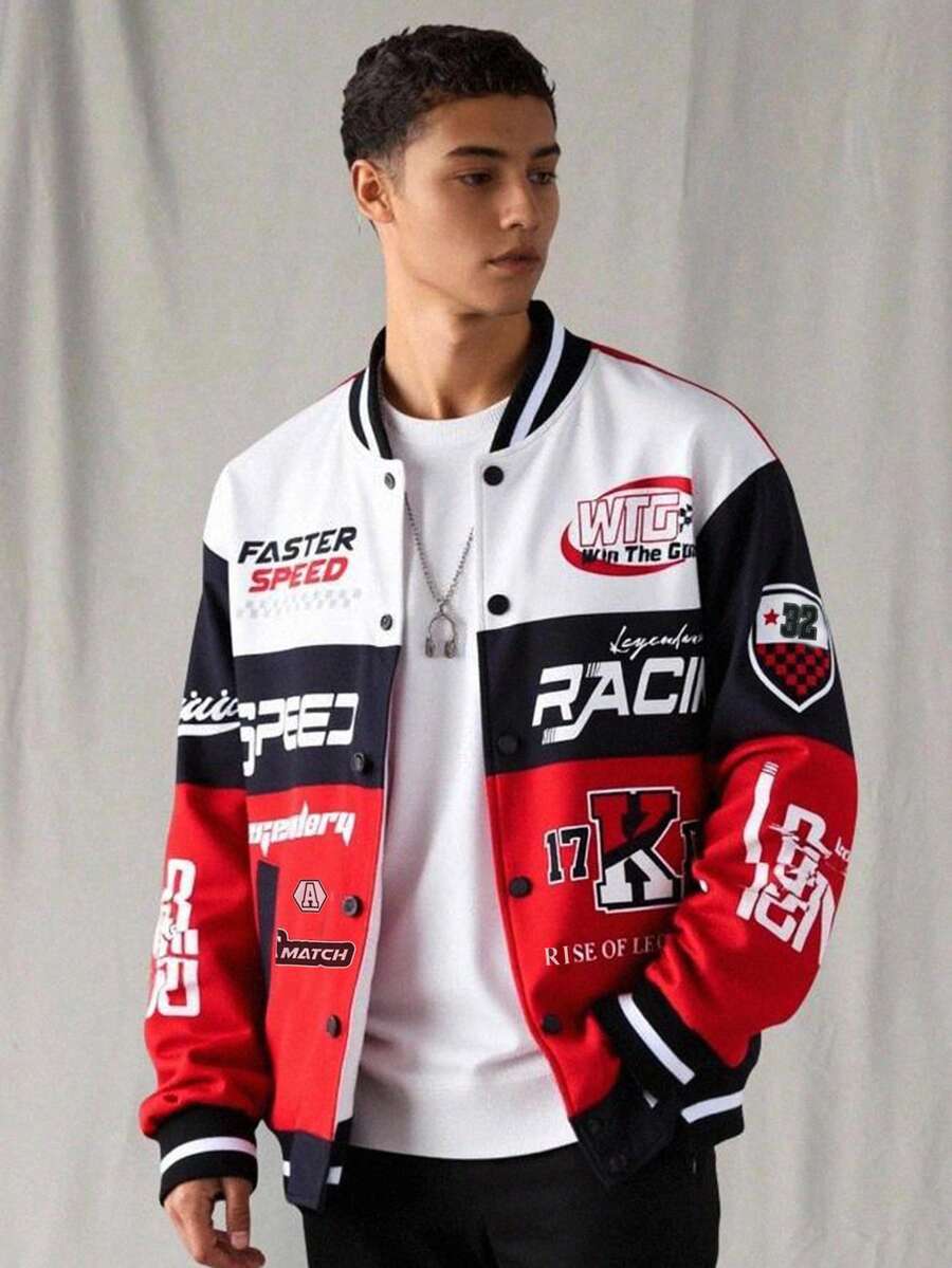 SHEIN 青少年男孩拼色赛车元素和字母印花休闲机车夹克,面料柔软,适合上学、通勤、户外穿着,适合秋冬季 - 彩色 - 查看 1