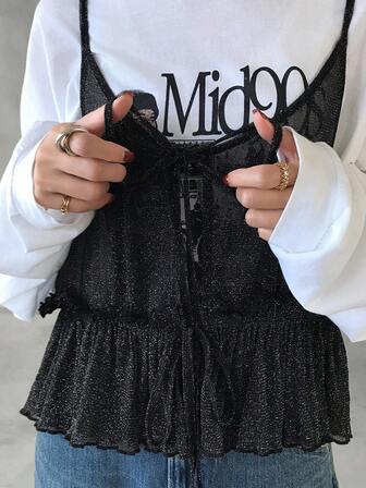 FRIFUL Camiseta sin mangas de mujer con lazo delantero y volante en el bajo, de unicolor y brillante