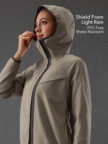 OutZeal 女士防水连帽口袋户外夹克 徒步露营 - 卡其色 - 查看 2