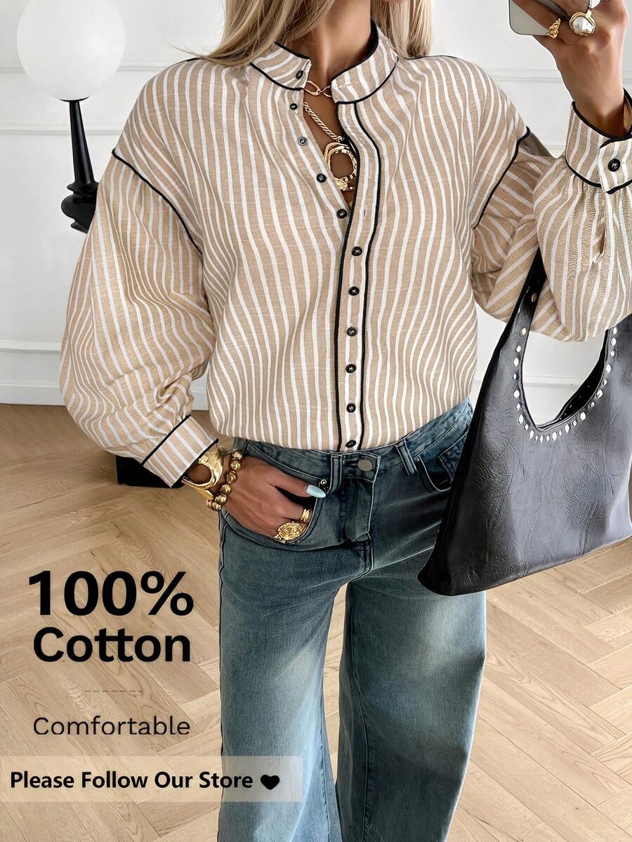 Siren Gaze Áo sơ mi dài tay viền màu tương phản dành cho nữ, áo cánh cotton cổ đứng, mùa thu - Màu be - Xem 1