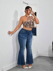 SHEIN PETITE CURVE Quần jean denim co giãn màu trơn dáng rộng, cỡ lớn - Rửa tối - Xem 5