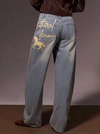 Athîral Women's Letter Graphic Pocket Wide Leg Loose Casual Denim Pants