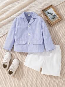 SHEIN Holiday 2pcs Young Boys Lapel Cardigan Jacket And Elastic Waist Shorts Set,Suitable For Birthday Party,Christmas,Wedding,Performance,Graduation - Blue - View 3