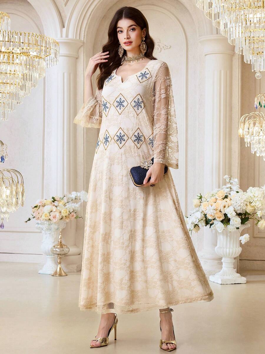 Al Najma Women's Notched Neck Lace Patchwork Geometric Print Arabic Style Dress - Yellow - View 1