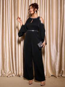 SHEIN Tall CURVE Combinaison élégante et affinante pour grande taille, combinaison de soirée sexy, sans bretelles, ajourée, avec sequins et décoration de ruban. Combinaison noire ample pour femmes grandes. Combinaison noire élégante à jambes larges. Combinaison élégante pour femmes. Combinaison noire de cérémonie - Noir - Voir 7