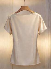 Franclia Women's Elegant Champagne Satin Blouse With Faux Pearl Collar,Short-Sleeved Solid Color Top For Summer,Dining,Party & Valentine's Day,White Gold - Apricot - View 2