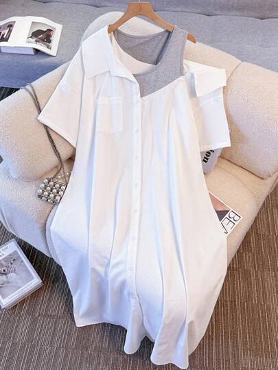 GlowEve CURVE Women's Spring/Summer Dress, Plus Size Regular White Blouse, Faux Camisole Strap Dress, Short Sleeve 2-In-1, Elegant Casual Commuter Fashion, Suitable For Parties, Business, Off-Shoulder Top, All-White Suitable For College Students White Dress