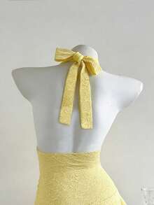 Elamini Women's Summer Casual Everyday Solid Color Knitted Fabric Double Layer Ruffle Halter Tie Bow Mini Dress - Yellow - View 2