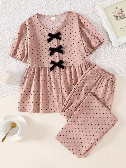 Girls' Sweet, Cute, Elegant Casual Everyday Comfortable Soft Skin-Friendly Pink Base Black Polka Dot Woven Fabric Black Velvet Bow Short Sleeve Cardigan With Long Pants Pajama Set, 2 Pieces