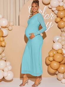 Loomaby 孕妇纯色斜肩褶皱优雅派对长袖连衣裙 - 藍色 - 查看 4