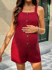 SHEIN Maternity Solid Color Front Button Pocket Casual Sleeveless Jumpsuit - Red - View 4
