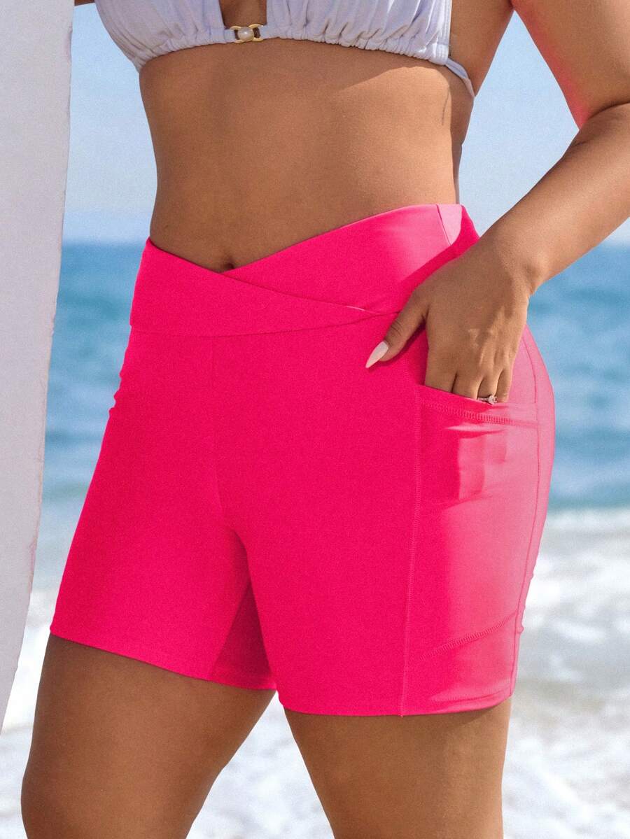 SHEIN Swim Plus Size Magenta Dopamine Print Swim Trunks - Hot Pink - View 1