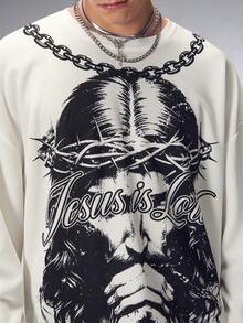 ROMWE MEN Men's Letter Print Loose Fit Round Neck Drop Shoulder Long Sleeve T-Shirt - White - View 7