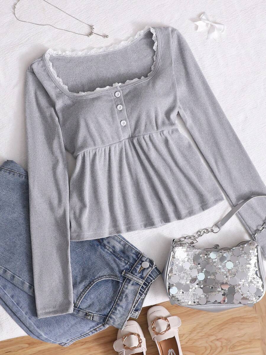 Teen GirlCasual Cute Ruffle Collar Puff Sleeve T-Shirt, Suitable For Female Students Daily Wear - Grey - View 1