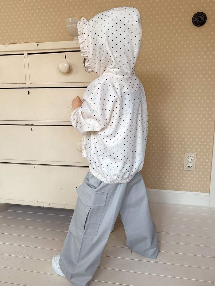 Young Girls Hooded Polka Dot Versatile Fresh Ruffled Long Sleeve Jacket, Suitable For Spring And Autumn