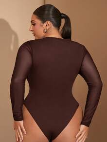SHEIN BAE 1pc Plus Size Women's Black Crew Neck Sexy Sheer Hollow-Out Mesh Contrast Asymmetrical Bodysuit, Autumn/Winter,Valentine's Day,Valentine Outfits For Women - Coffee Brown - View 3