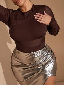 SHEIN BAE 1pc Plus Size Women's Black Crew Neck Sexy Sheer Hollow-Out Mesh Contrast Asymmetrical Bodysuit, Autumn/Winter,Valentine's Day,Valentine Outfits For Women - Coffee Brown - View 10